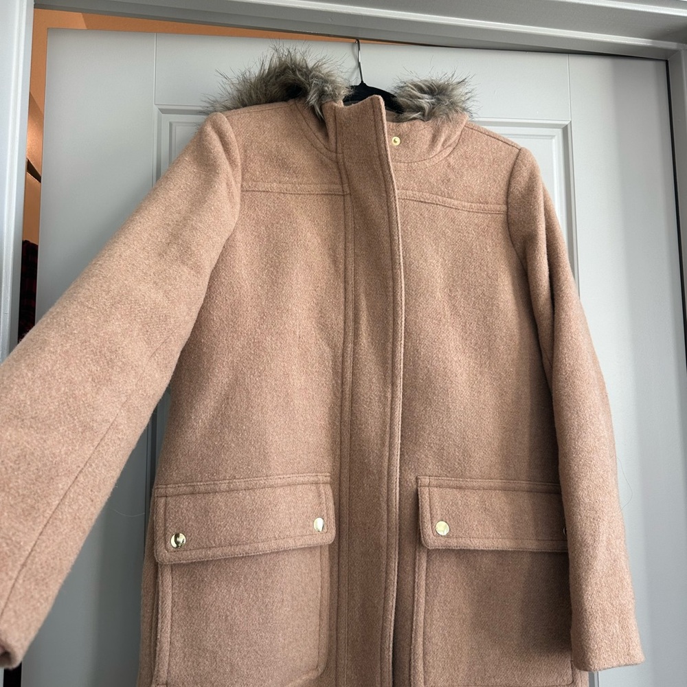 J. Crew Women's Beige Puffer Coat with Faux Fur Hood
